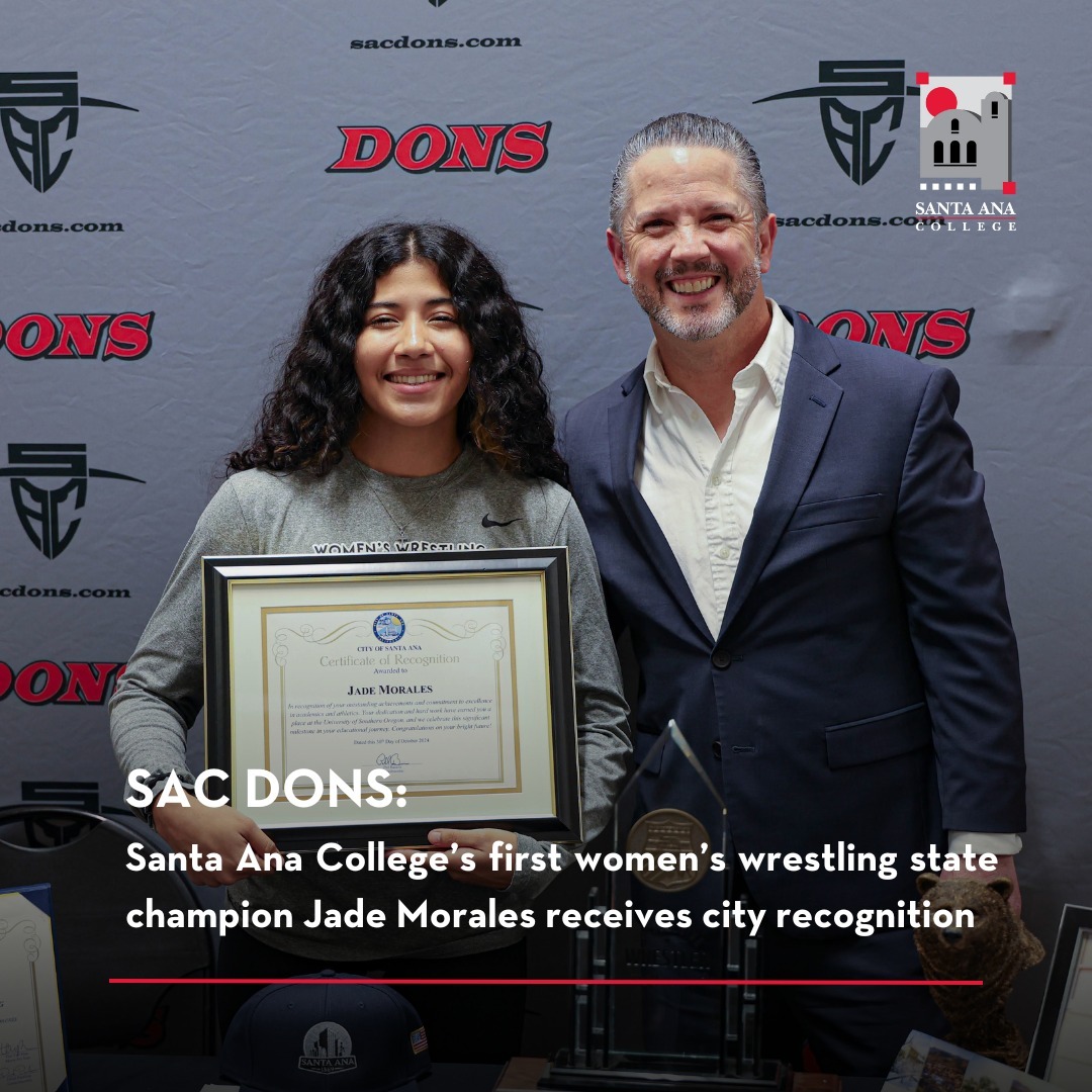 Santa Ana College’s first women’s wrestling state champion Jade Morales received a Certificate of Recognition from the city of Santa Ana by council member Phil Bacerra at her official signing event. 🏆 

Morales will continue wrestling and will be transferring to Southern Oregon University next semester. 

#SAC #SACSuccess